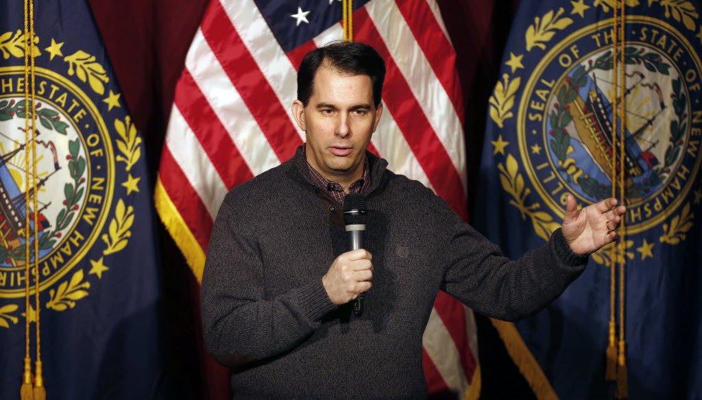 This Associated Press photo, from Scott Walker's visit to New Hampshire, shows the sweater in question. 