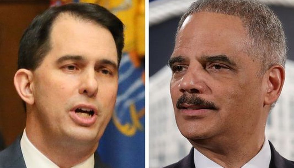 Wisconsin Gov. Scott Walker (left) attacked former U.S. Attorney General Eric Holder's involvement in a Wisconsin Supreme Court race that has Democrats hoping for a "blue wave" of wins in future elections.