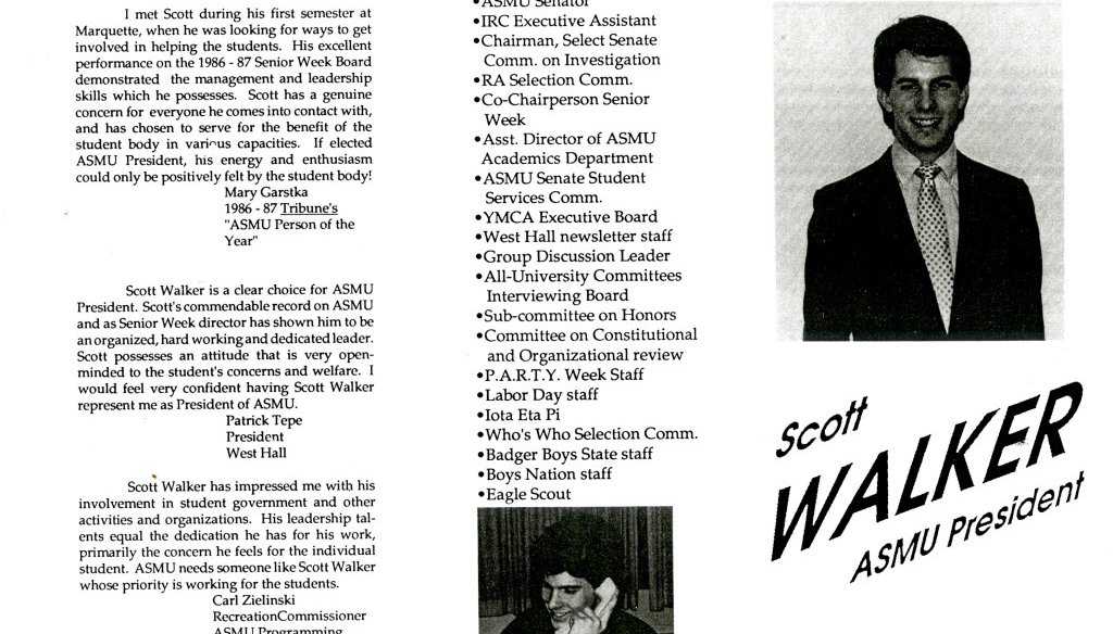 A campaign hand out from Scott Walker's bid for student body president at Marquette University. There was a controversy over missing student newspapers when Walker ran for the position in 1988.