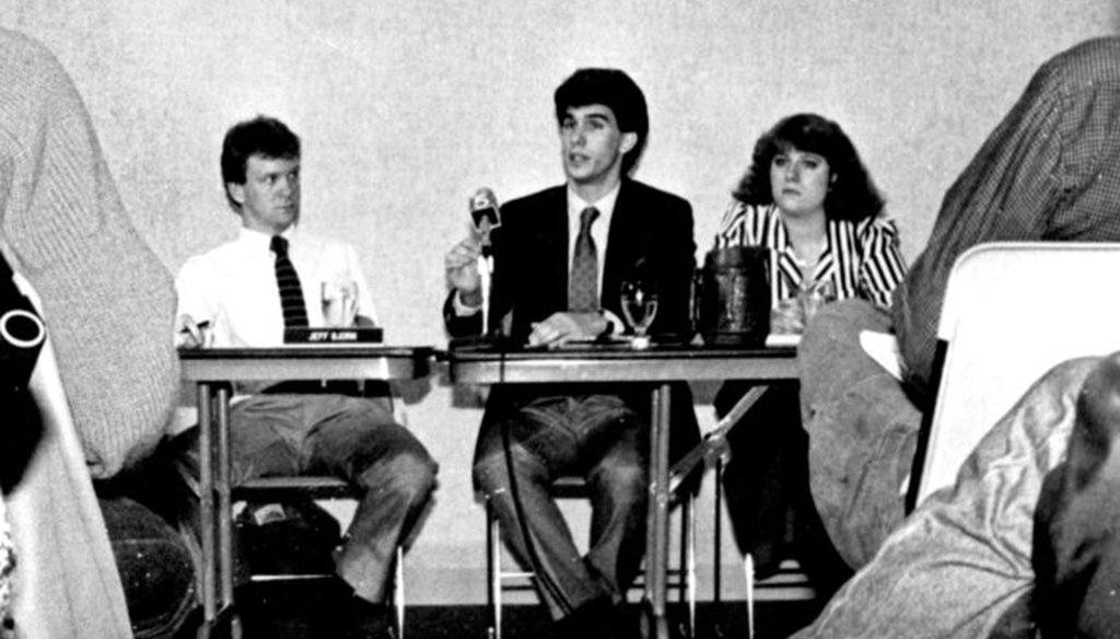 This photo, from the 1987 Marquette University yearbook, shows student senator Scott Walker (center) during a student government meeting. (Marquette University photo)