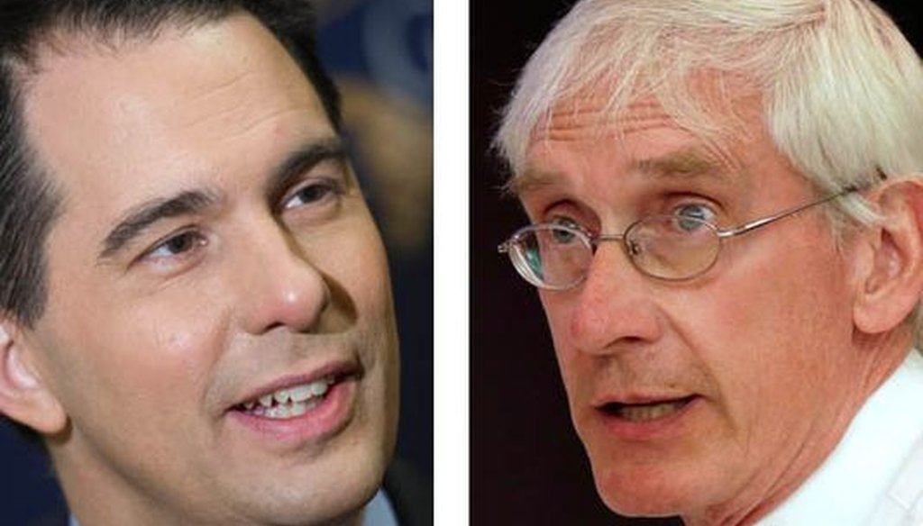 GOP Wisconsin Gov. Scott Walker (left) is seeking a third term in the 2018 elections. State schools chief Tony Evers hopes to win the Democratic nomination to run against him.