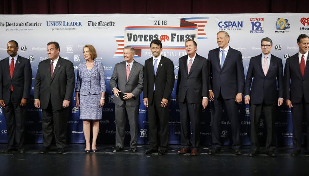 Wisconsin Gov. Scott Walker (far right) and other Republican candidates for president gathered for a forum in Manchester, N.H., on Aug. 3, 2015, three days before the first GOP debate. (AP photo)