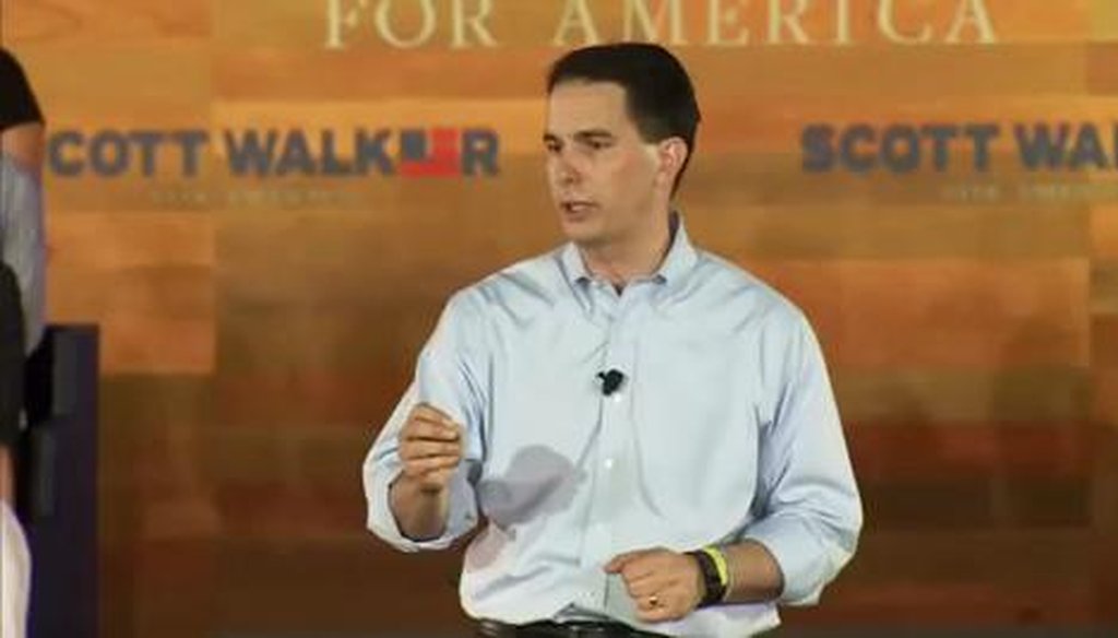 Gov. Scott Walker touted a reduction in Wisconsin property taxes during his presidential announcement speech on July 13, 2015 in suburban Milwaukee. 