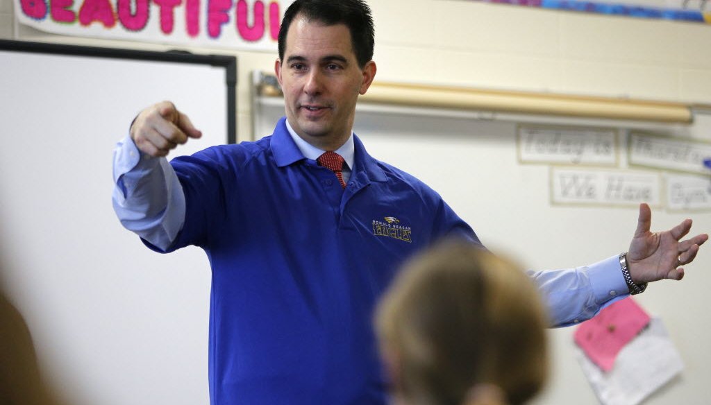 Gov. Scott Walker spoke to fifth-grade students at Ronald Reagan Elementary School in New Berlin, a suburb of Milwaukee, on Feb. 6, 2014.
