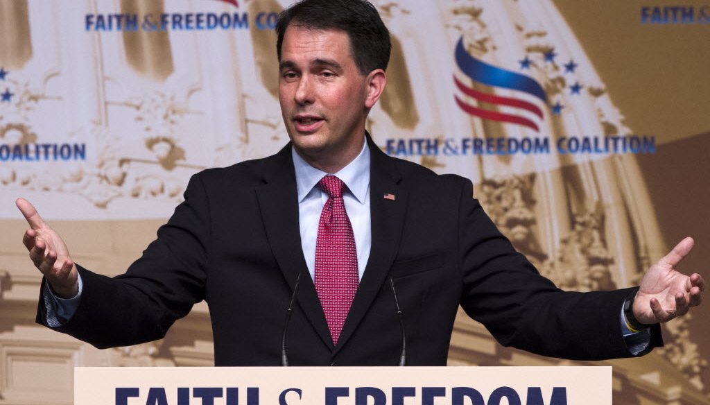 Gov. Scott Walker, shown here speaking in June 2015 at a conference in Washington, D.C., has defended a Wisconsin law he signed that requires women seeking an abortion to get an ultrasound. (AP photo)