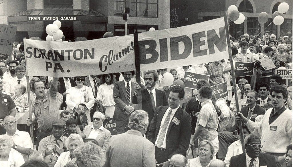 Biden's childhood friend Jimmy Kennedy traveled from Scranton to Wilmington in 88 and carried this banner at the kick off for Biden's first presidential bid. Courtesy of The Scranton Times-Tribune