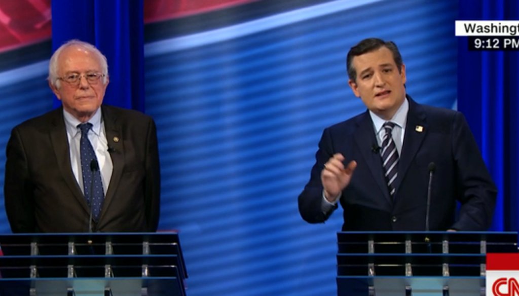 Sens. Bernie Sanders, I-Vt., and Ted Cruz, R-Texas, debate the future of health care on CNN. (Screenshot)