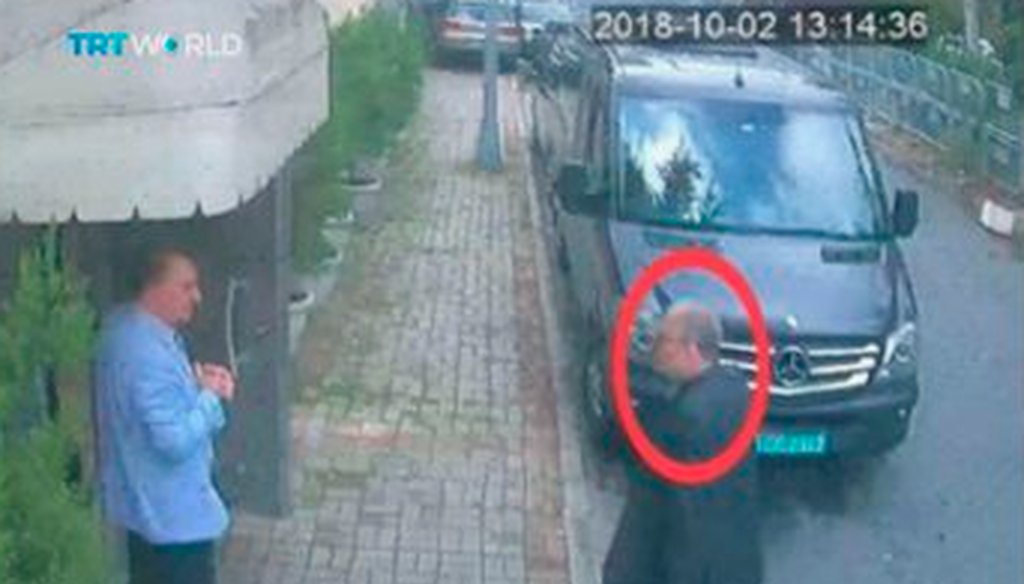 This image purportedly shows Saudi journalist Jamal Khashoggi entering the Saudi consulate in Istanbul, Tuesday, Oct. 2, 2018, shortly before he was murdered. (CCTV/TRT World via AP)