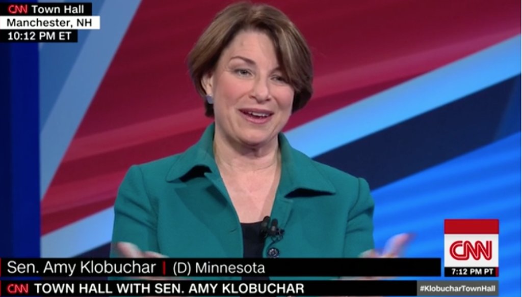 Democratic presidential candidate Amy Klobuchar addresses the studio audience during a CNN town hall on Feb. 18, 2019.