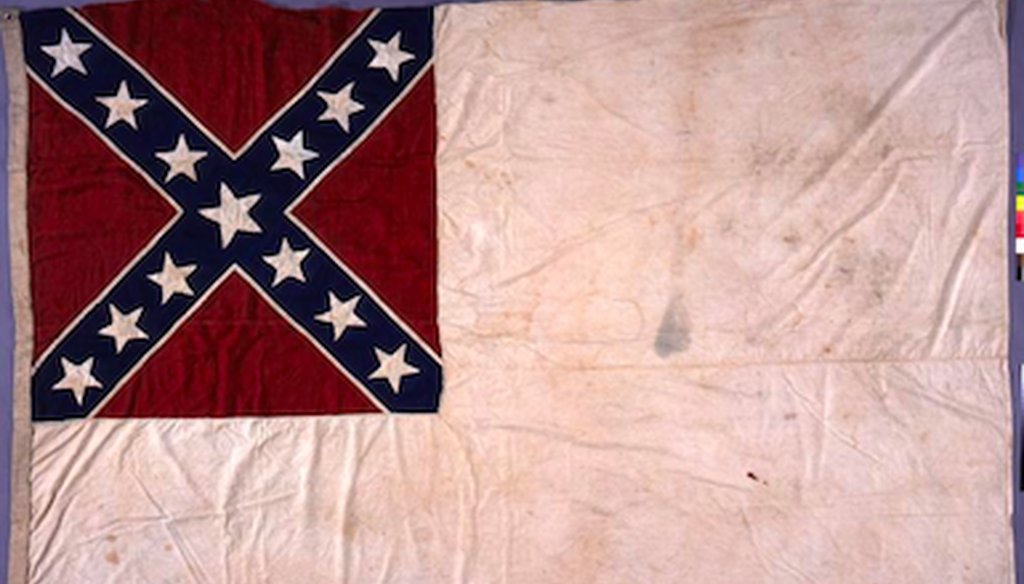 This photo from the Texas State Library and Archives shows the "Stainless Banner," the second national flag of the Confederacy, which incorporates the the battle flag most Americans today think of as the Confederate flag.