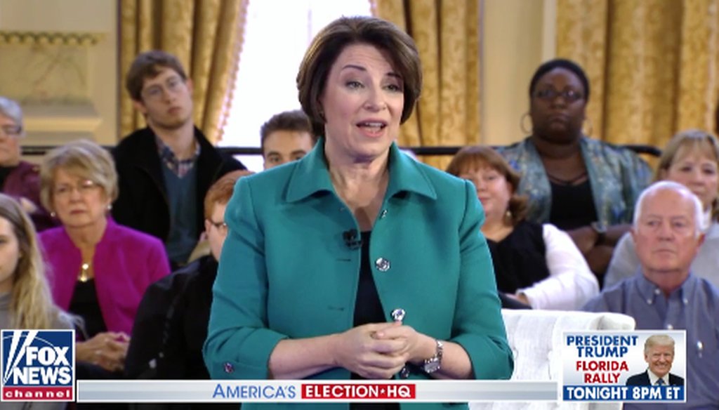 Democratic presidential candidate Amy Klobuchar takes part in a Fox News town hall on May 8, 2019. (Screenshot)