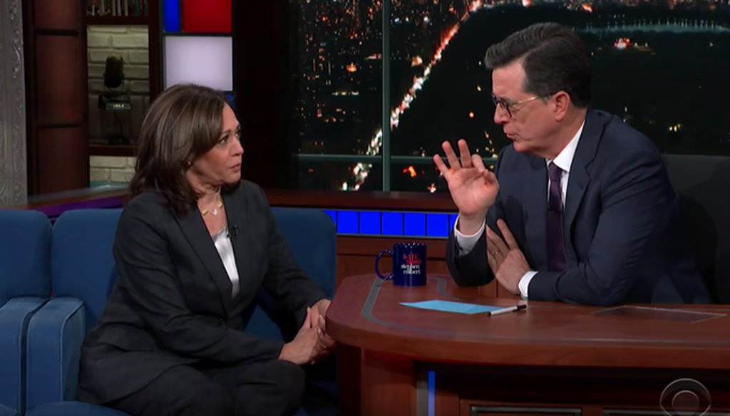 Democratic presidential candidate Kamala Harris appeared on the Late Show with Stephen Colbert on May 22, 2019. (Screenshot)