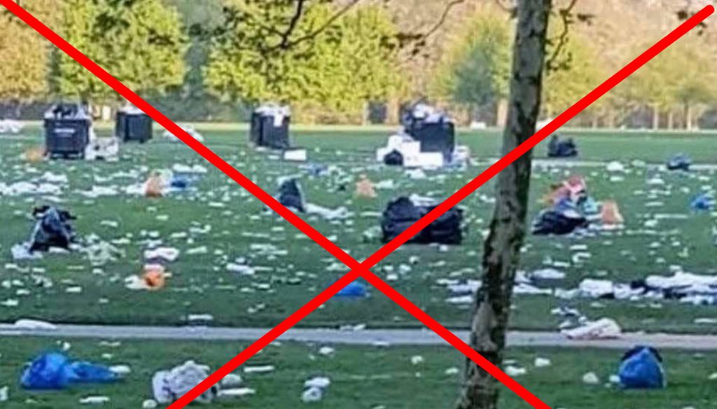A photo shared on social media claims to show the aftermath of recent climate strike demonstrations, but the image is from another event celebrating 420 months earlier. We rate the claim False. (Screenshot from Facebook)