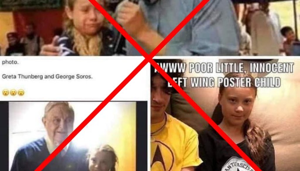 Three photos shared on social media claim to show climate activist Greta Thunberg posing with ISIS, George Soros and an Antifa shirt. Only the last one is genuine — and the caption is inaccurate. (Screenshot from Facebook)