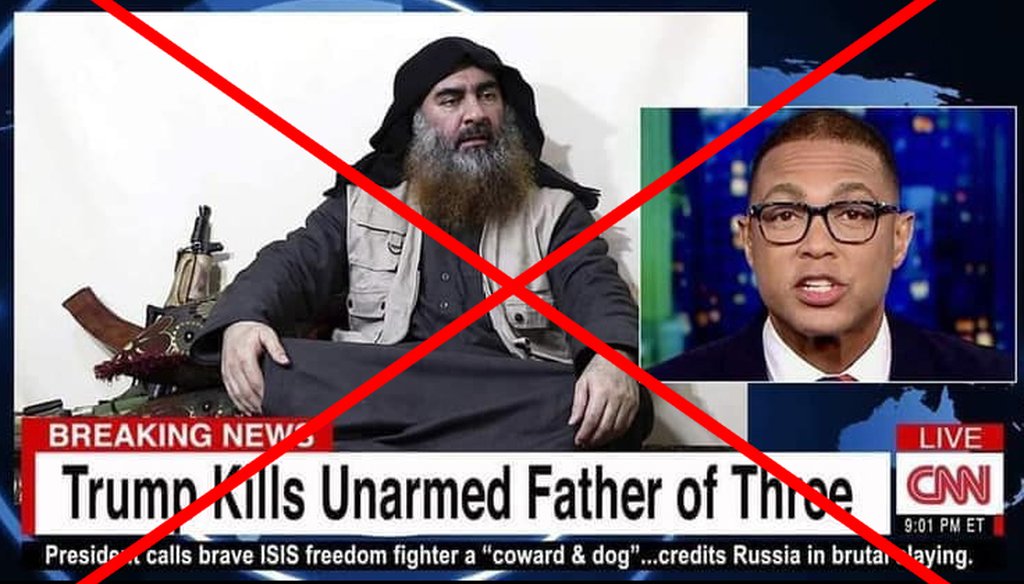 Despite this image being shared on Facebook, CNN never aired a chyron calling Abu Bakr al-Baghdadi an "unarmed father of three." The pieces of the image were manipulated. We rate it Pants on Fire! (Screenshot from Facebook)