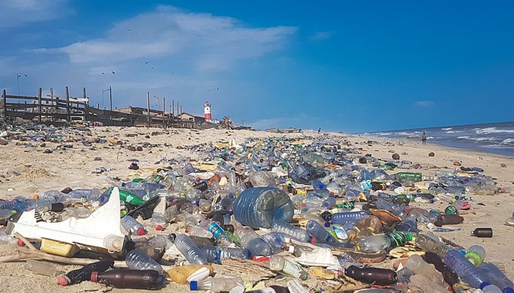 Plastic pollution covering a beach in Accra, Ghana, in 2018. (Wikimedia Commons)