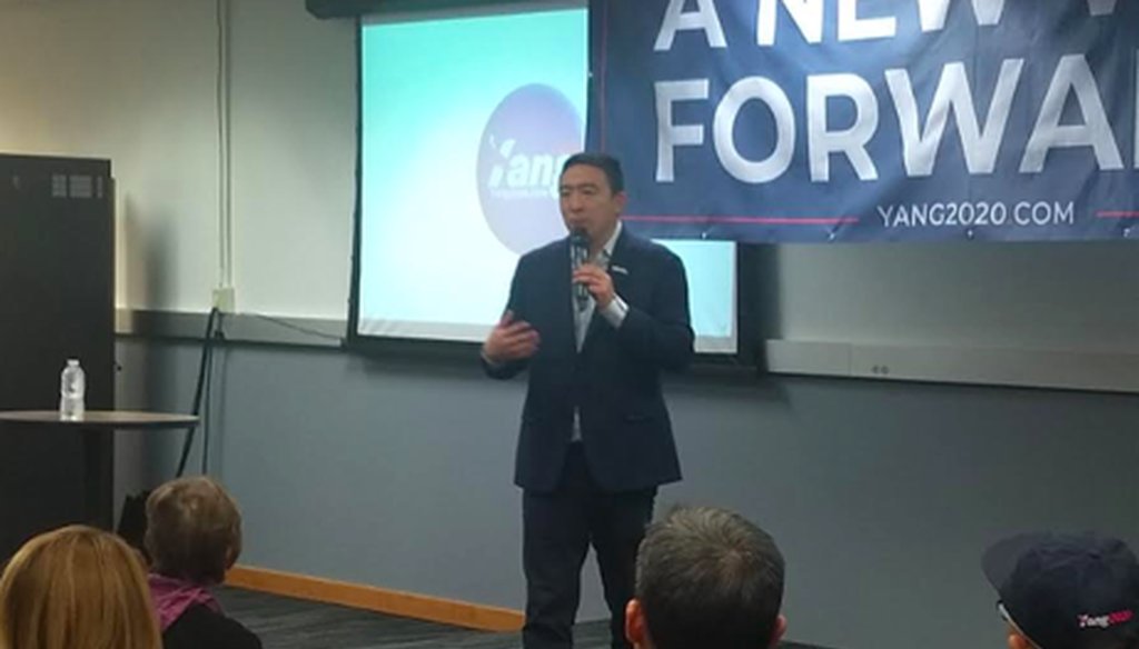 Andrew Yang speaks to supporters in Muscatine, Iowa. (Louis Jacobson/PolitiFact)