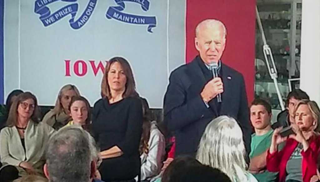 Joe Biden holds a campaign event in Ankeny, Iowa, on Jan 25, 2020. (Louis Jacobson/PolitiFact)