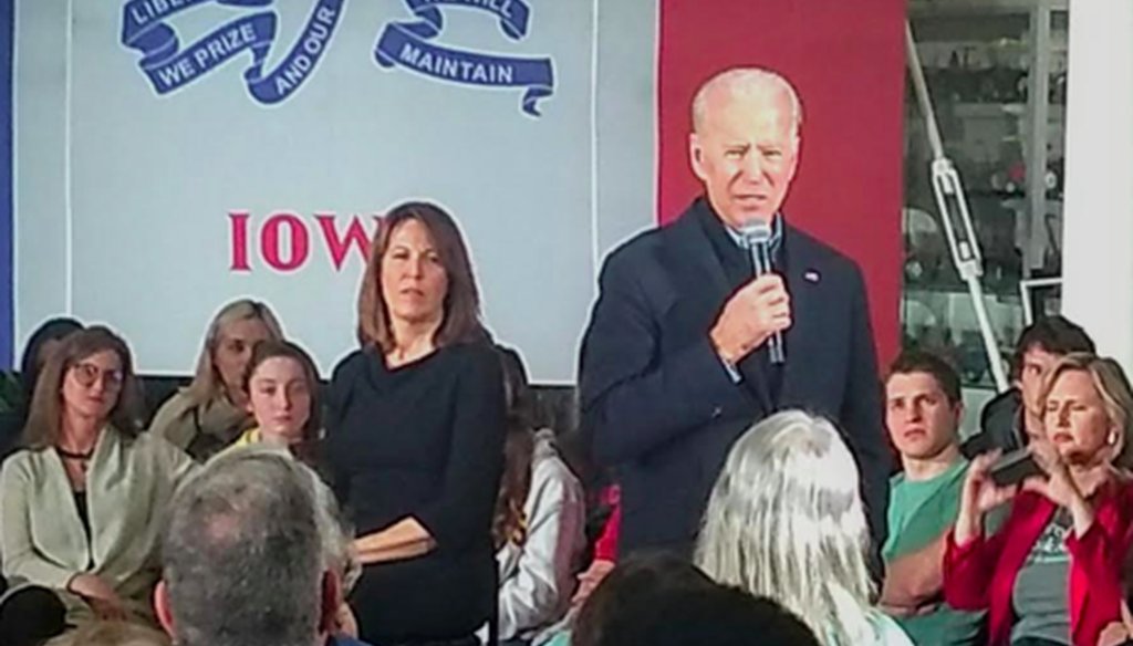 Joe Biden holds a campaign event in Ankeny, Iowa, on Jan 25, 2020. (Louis Jacobson/PolitiFact)