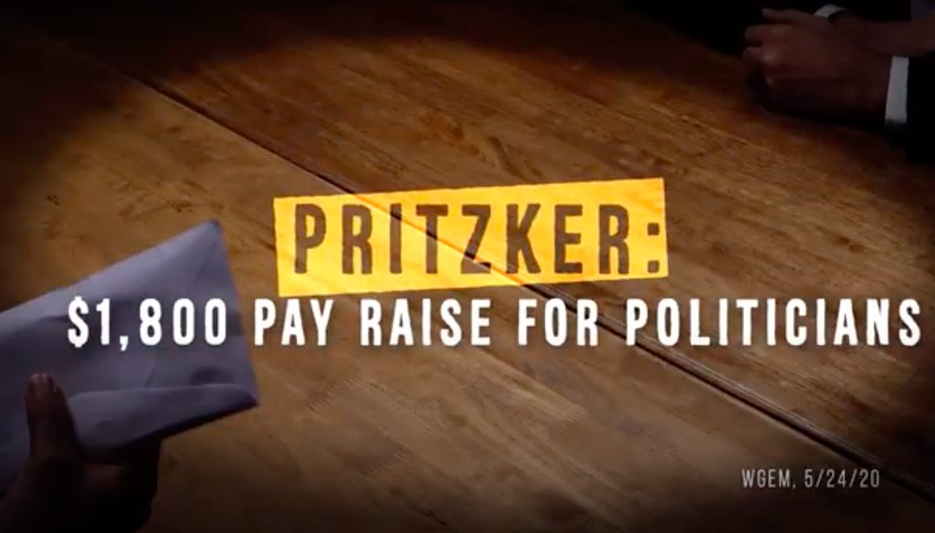 A TV ad accusing Gov. Pritzker of raising lawmakers' pay includes boilerplate imagery of an envelope being passed across a table. (Illinois Rising Action)