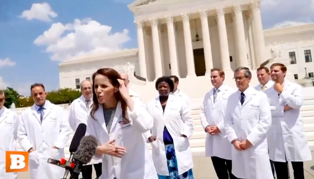 During a July 27, 2020, press conference, members of a group called America’s Frontline Doctors floated several unproven conspiracy theories about the coronavirus pandemic. (Screenshot from Facebook)