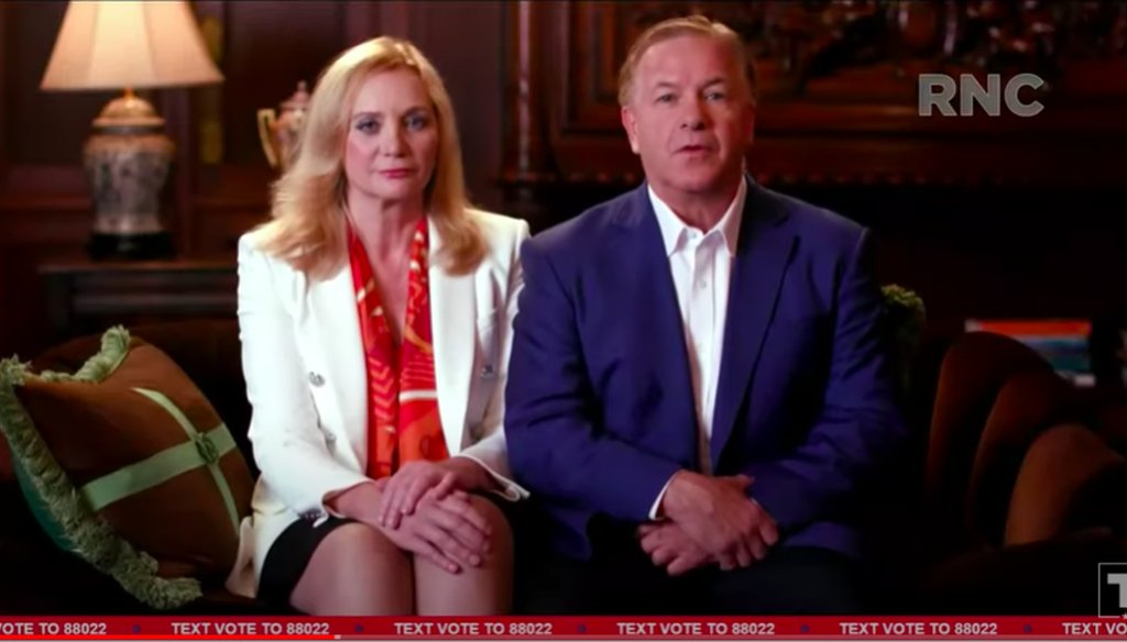 A screenshot of Patricia and Mark McCloskey speaking as part of the Republican National Convention, as it was streamed on President Donald Trump's YouTube channel.