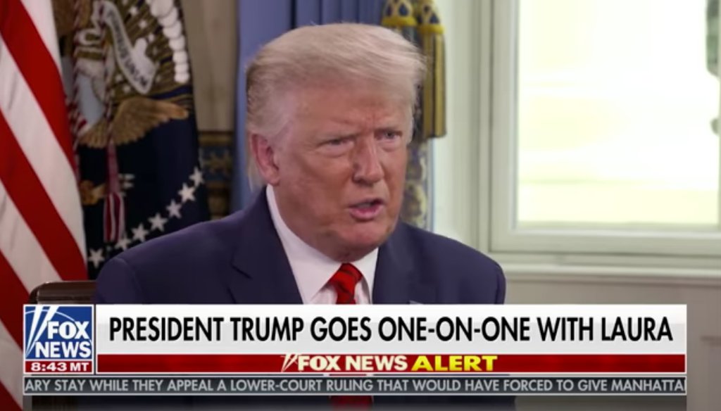 President Donald Trump speaks during an interview with Laura Ingraham on Fox News on Sept. 1, 2020. (Screenshot from YouTube)
