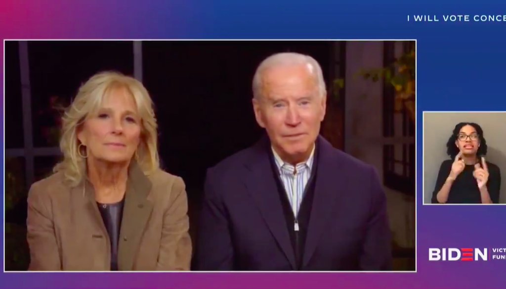 Democratic presidential nominee Joe Biden and his wife, Jill Biden, appear at a campaign concert and fundraising event Oct. 25, 2020. (Screenshot)