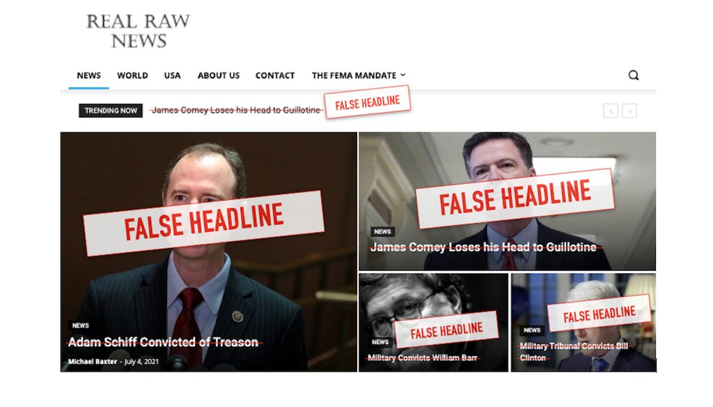 This illustration shows a screenshot of the homepage of Real Raw News as it appeared on July 12, 2021, with edits added to emphasize the false nature of the headlines.