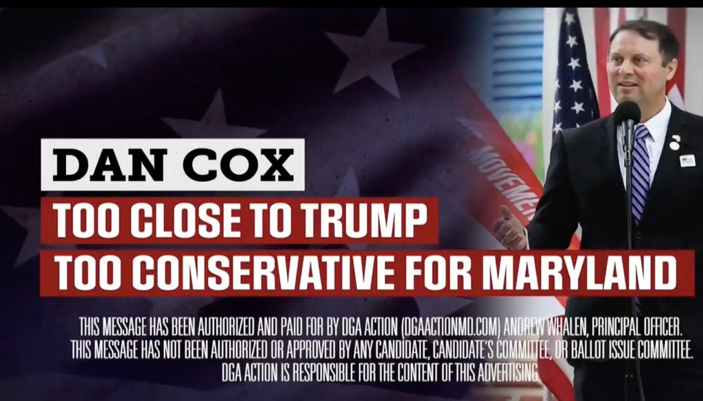An ad aired by an affiliate of the Democratic Governors Association that criticized Republican gubernatorial candidate Dan Cox in Maryland, but also potentially making him more attractive to GOP primary voters. (Screenshot)