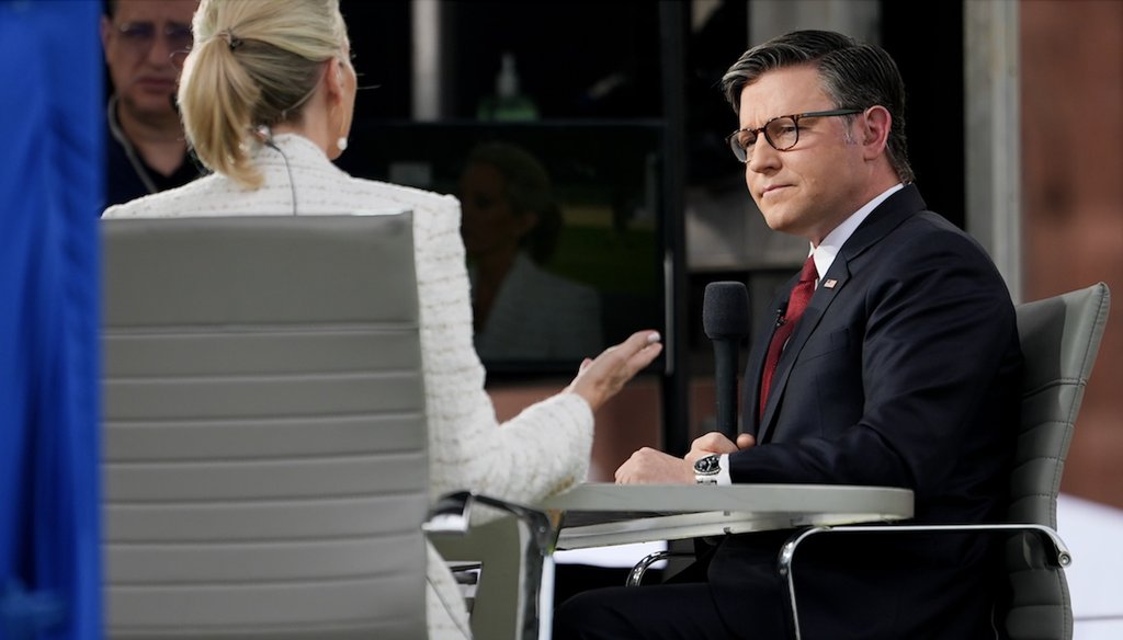 House Speaker Mike Johnson, R-La., sits for a television interview ahead of Rededicate 250, a prayer gathering on the National Mall on May 17, 2026. (AP)