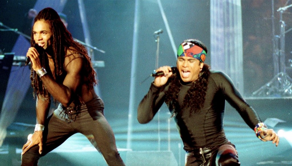 Fabrice Morvan, left, and the late Rob Pilatus of Milli Vanilli perform during a taping of the Arsenio Hall Show in Los Angeles on Oct. 26, 1992. (AP)