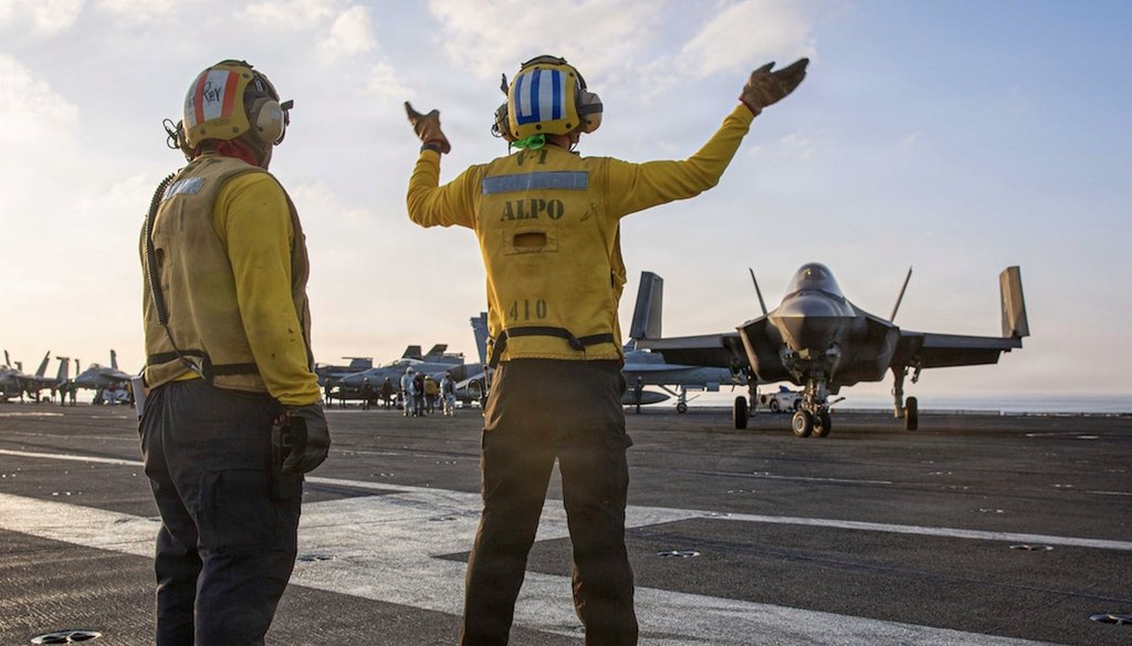 U.S. Navy sailors signal to an F-35C Lightning II on the flight deck of the USS Abraham Lincoln during operations in support of the war in Iran on March 3, 2026. (U.S. Navy/U.S. Central Command via AP)