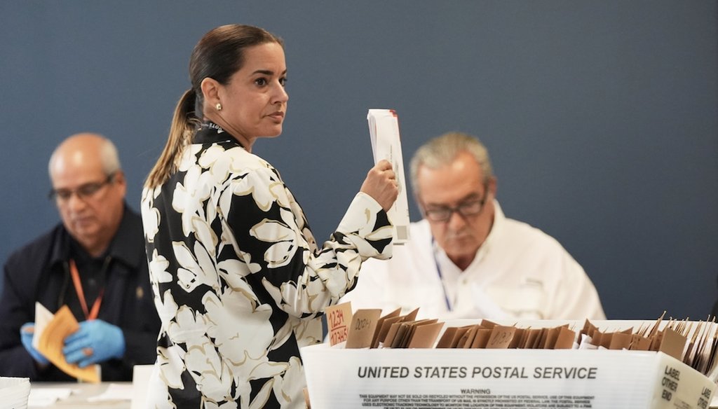 Employees sort vote-by-mail ballots for municipal elections on Election Day at the Miami-Dade County Supervisor of Elections Office on Nov. 4, 2025, in Doral, Fla. (AP)