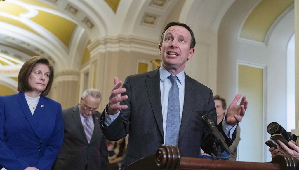 Sen. Chris Murphy, D-Conn., the Democrats' chief negotiator on border security, speaks during a news conference on border security on Feb. 6, 2024 (AP)