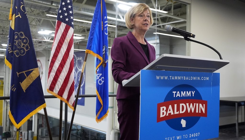 Sen. Tammy Baldwin, D-Wis., talks about her victory over Republican challenger Eric Hovde, Nov. 7, 2024, in Madison, Wis. (AP)