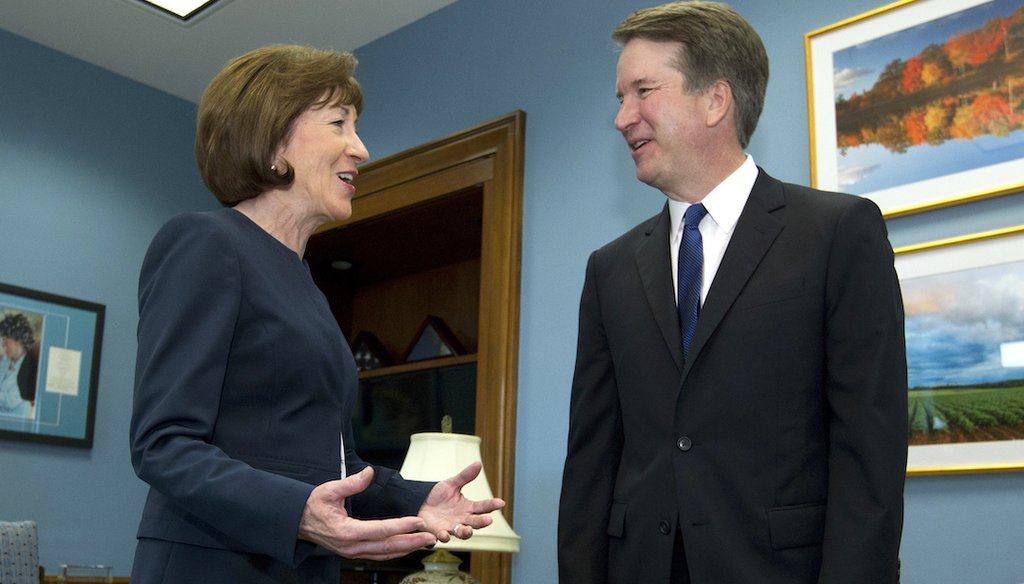 In this Aug. 21, 2018, file photo, Sen. Susan Collins, R-Maine, speaks with Supreme Court nominee Judge Brett Kavanaugh at her office, before a private meeting on Capitol Hill in Washington. (AP)