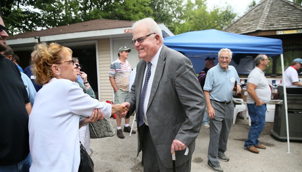 U.S. Rep. Jim Sensenbrenner, R-Wis, of greets Jodie Mueller of Waukesha at picnic for Republican lawmakers and candidates called the "Chicken Burn" at the home of Bob and Jean Dohnal Aug. 27, 2017. (Michael Sears/Milwaukee Journal Sentinel).