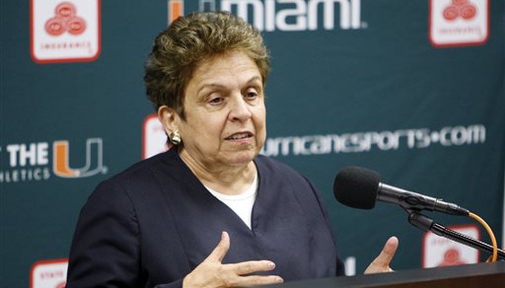 In this April 19, 2011 photo, University of Miami President Donna Shalala speaks during a news conference in Coral Gables, Fla. (AP)