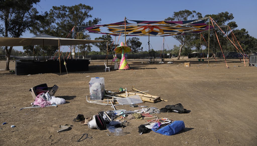 The site of a music festival near the border with the Gaza Strip in southern Israel is seen on Thursday. Oct. 12, 2023. At least 260 Israeli festivalgoers were killed during the attack by Hamas gunmen on Oct. 7, 2023. (AP)