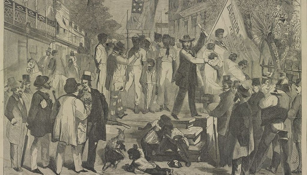A slave auction; engraving from Harper's Weekly, 1861 (public domain)