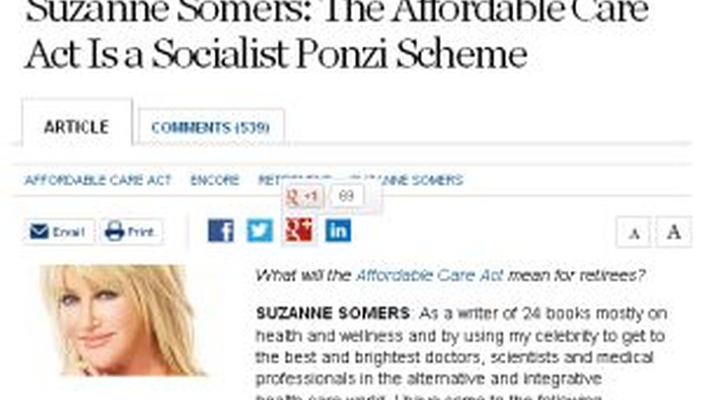 Actress Suzanne Somers penned a column critical of Obamacare in the "Wall Street Journal." We checked one of her claims. (Screen grab from the "Wall Street Journal.")