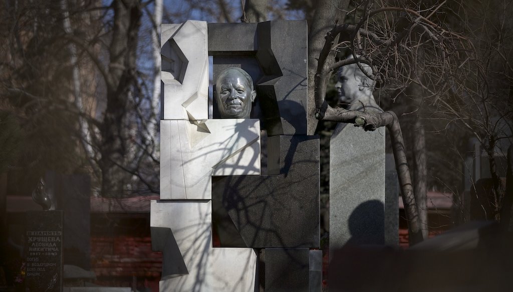 The monument to the former Soviet leader Nikita Khrushchev near his grave is created by Ernst Neizvestny at the Novodevichy cemetery in Moscow, Russia, Friday, March 14, 2014. (AP)