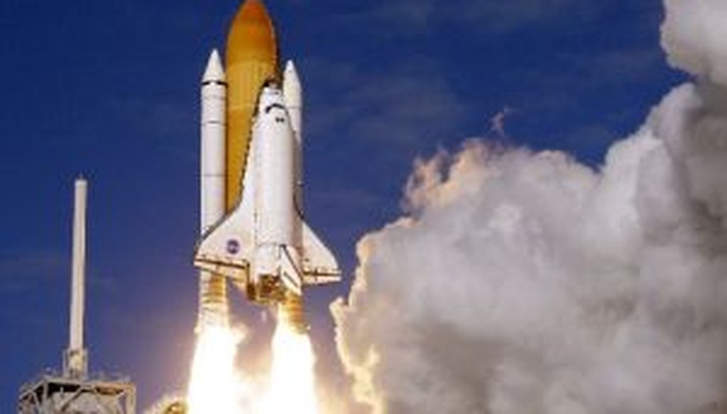 The space shuttle Atlantis lifts off on Nov. 16, 2009, from Kennedy Space Center in Florida. We looked into a chain e-mail's claim that President Barack Obama is to blame for the nation's inability to send astronauts into space.