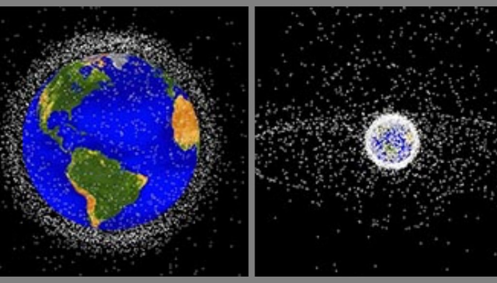 On the left, NASA graphic of space junk in low Earth orbit. On the right, the view from further out. (NASA ODPO)