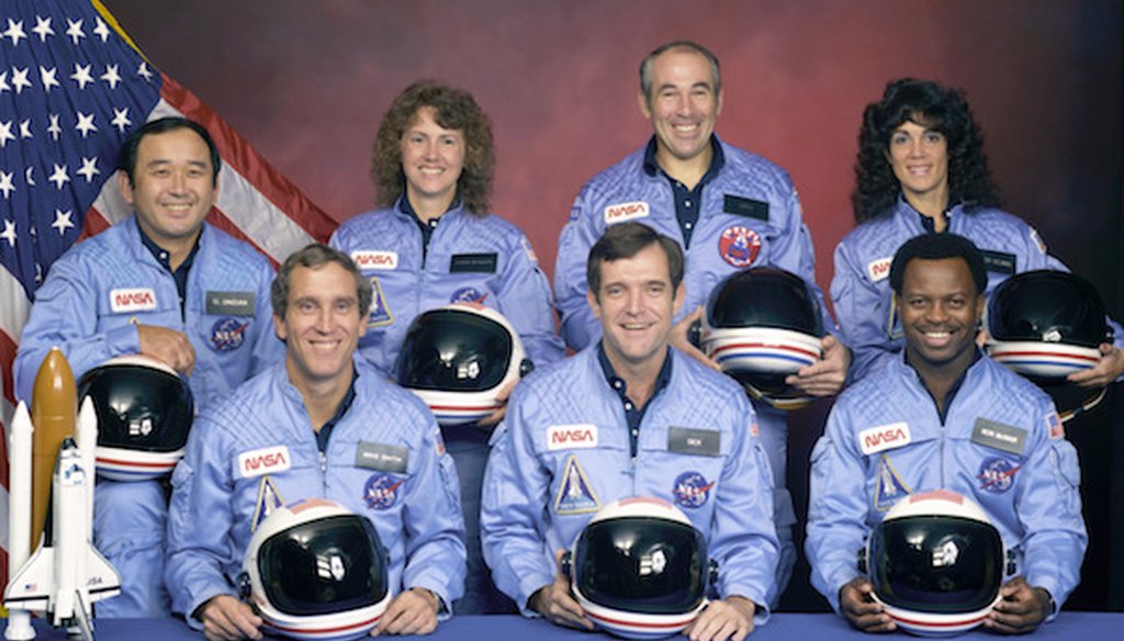 The Challenger Space Shuttle crew, who were killed during launch on Jan. 28, 1986. From front left: Michael J. Smith, Francis R. Scobee and Ronald E. McNair. Rear left: Ellison Onizuka, Christa McAuliffe, Gregory Jarvis, and Judith Resnik. (NASA via AP)