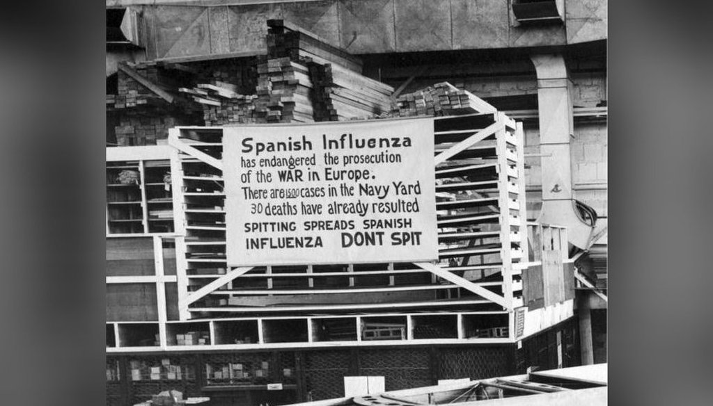 In this Oct. 19, 1918, photo provided by the U.S. Naval History and Heritage Command, a sign is posted at the Naval Aircraft Factory in Philadelphia that indicates what was called the Spanish flu was then extremely active. (AP)
