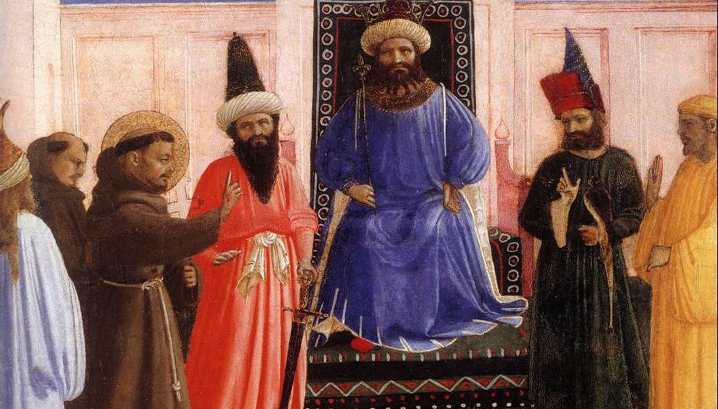 St. Francis of Assisi meets with Sultan al-Kamil in 1219. (Fra Agelico via wikiArt)