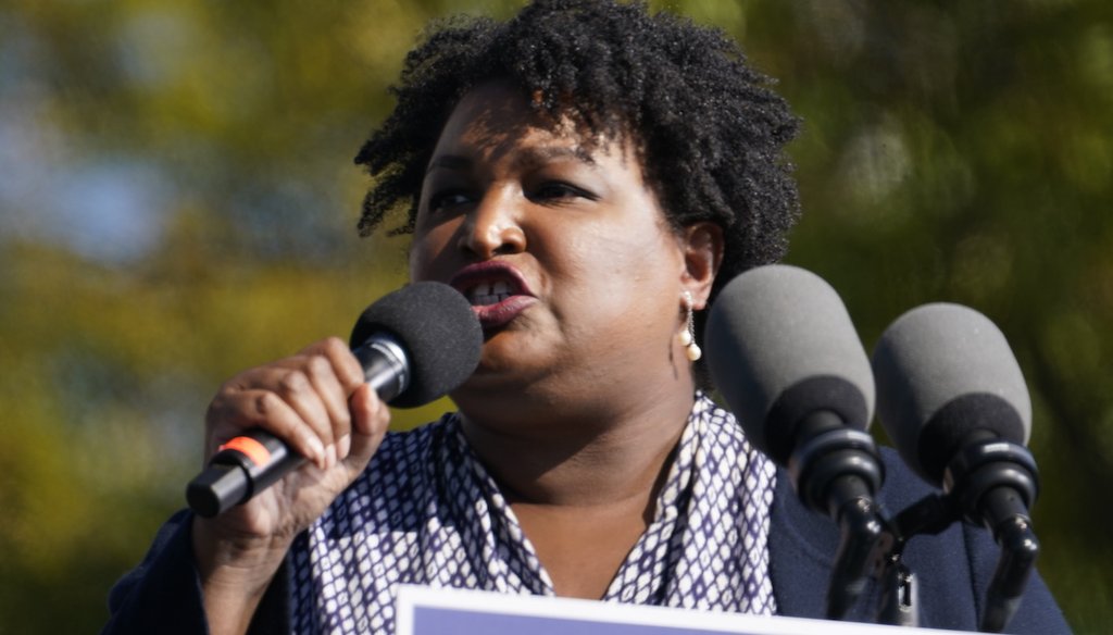 Stacey Abrams speaks to Biden supporters as they wait for former President Barack Obama to arrive and speak at a rally as he campaigns for Democratic presidential candidate former Vice President Joe Biden, Nov. 2, 2020, at Turner Field in Atlanta. (AP)