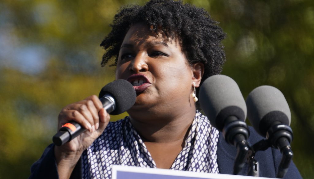 Stacey Abrams speaks to Biden supporters as they wait for former President Barack Obama to arrive and speak at a rally as he campaigns for Democratic presidential candidate former Vice President Joe Biden, Nov. 2, 2020, at Turner Field in Atlanta. (AP)